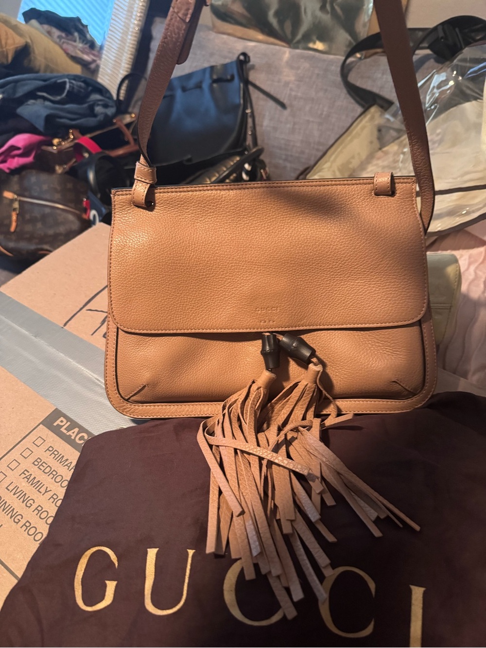Gucci Tan Pebbled Leather Crossbody with Tassel Detail